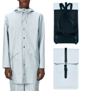 Rains Women's Sky Mini Waterrproof Backpack & Button Down Long Jacket -Set Of 2